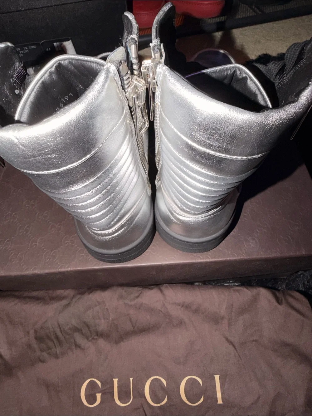 Gucci Men's Silver Metallic High-Top Sneakers with Black Laces